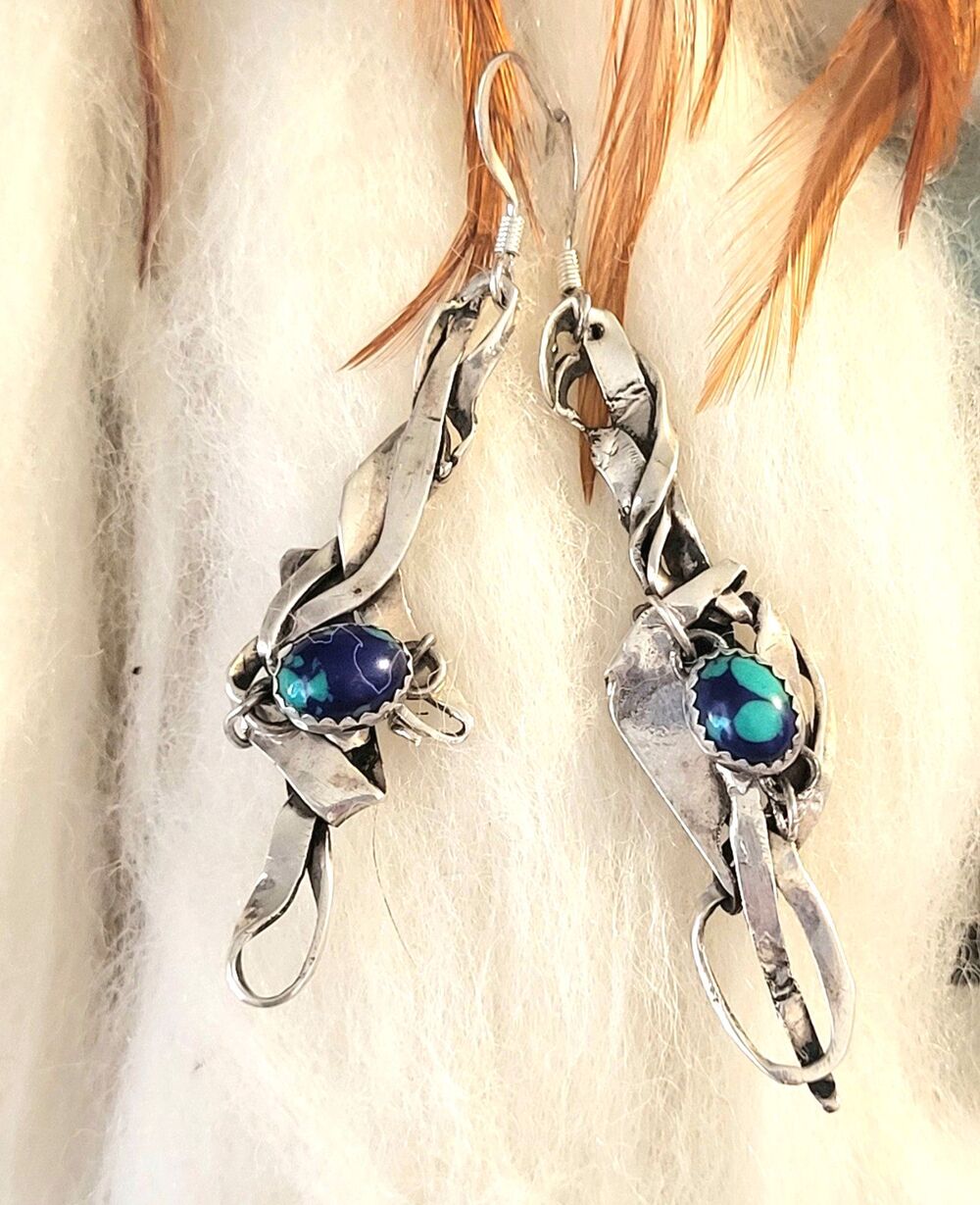Upcycled Azurite Malachite Artisan Sculptural Sterling Silver Dangle Earrings